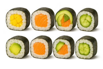 Delicious mixed sushi maki rolls isolated with a transparent background