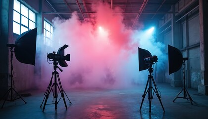 Fototapeta na wymiar Pro film set in empty industrial warehouse with colorful smoke. Lighting equipment on tripods creates dramatic stage. Pink, blue lights illuminate empty scene for video production or movie shooting.