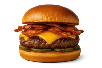 Gourmet Bacon Cheeseburger with Pickles on a Brioche Bun, transparent background
