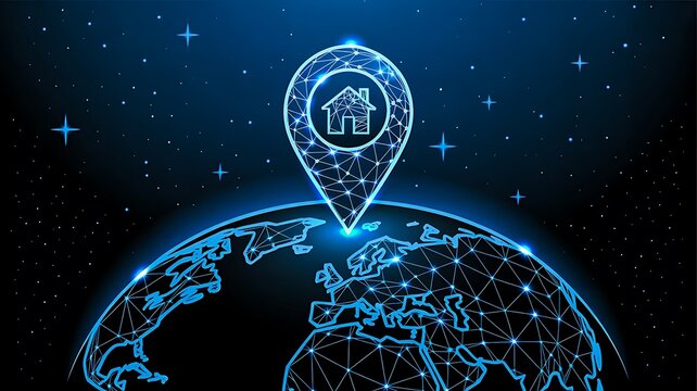 Global real estate location concept with home pin on earth
