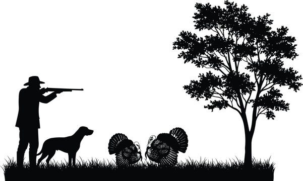 Hunter with a rifle and hunting dog aiming at two wild turkeys near a tree, representing hunting season, wildlife sport, nature, traditional outdoor recreation, and forest activity.