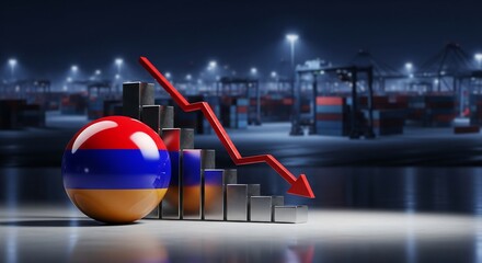 Stunning visual representing Armenia's economic decline with a downward red arrow over a dark port background