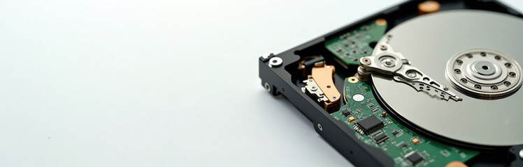 Open hard drive internal components. Magnetic disc platter and read write head with circuit board. PC hardware detail, data storage tech and repair.