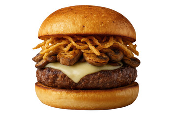 Classic mushroom and crispy onion cheeseburger on a transparent background.