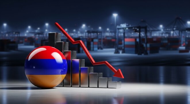 Stunning visual representing Armenia's economic decline with a downward red arrow over a dark port background - Powered by Adobe