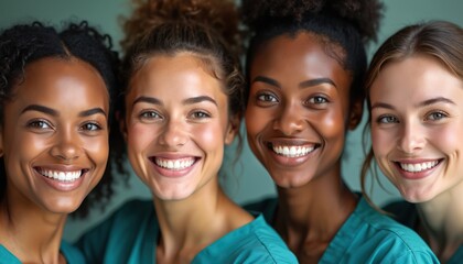 Four happy diverse women healthcare professionals smile at camera. Wear medical scrubs, look confident. Team of multiracial female medical staff pose together in clinic. Image shows unity, pro female