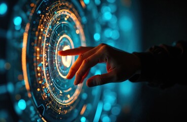 Hand interacts with a futuristic digital interface. A finger touches glowing circle with tech elements. Concept of advanced technology computing and data processing.