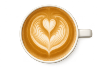 Perfectly crafted latte art heart in a white cup on transparent background