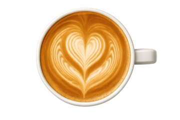 Coffee cup with heart latte art, top view, isolated on transparent background.
