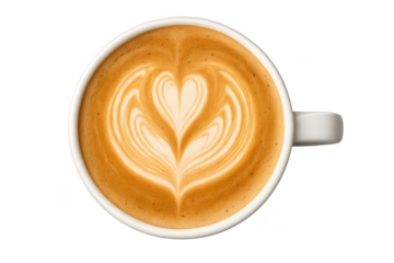 Delicious latte art coffee cup with heart design on a transparent background.