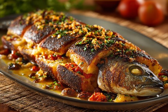 Relyenong Bangus served on plate with golden crust, creamy tomato sauce, surrounded by breadcrumbs and herbs. Concept of festive Filipino dish highlights stuffed milkfish allure.