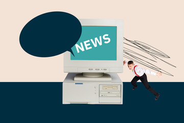 Creative collage of digital frame with bold news bubble concept of modern communication fake news breaking news