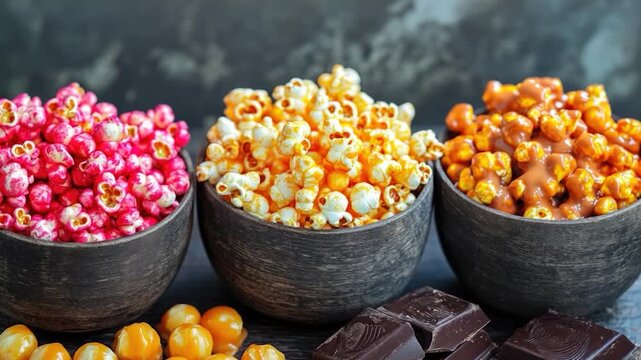 Video Three wooden bowls filled with various popcorn flavors