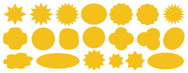 Yellow Starburst Shape Tag Set Featuring Price Labels, Circle Stickers, and Wavy Edge Promo Badges in Clean Vector Illustration for Marketing, Advertising, and Retail Design Projects