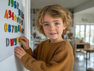Young child with curly hair, wearing a cozy sweater, is engaged in educational play with colorful magnetic letters on a whiteboard in a bright, inviting home environment