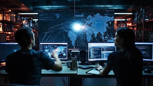 Man and woman workers team operating digital interface technology using computer and monitor devices with world map and electronic data. Global networking concept. Generative AI