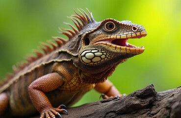 Obraz premium Brown iguana-like reptile shows open mouth on tree branch. Sharp teeth visible in aggressive display. Wild dragon creature lives in tropical jungle forest habitat. Exotic lizard looks fierce,