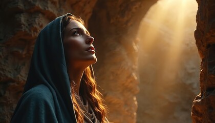Young woman stands at cave entrance bathed in divine light rays. She looks upwards with hopeful, serene expression, symbolizing faith and resurrection. Her hooded cloak adds solemn, reflective mood.