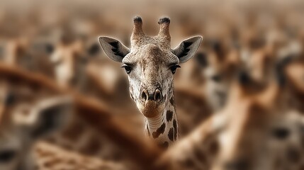 Lone Giraffe Standing Out in a Herd &ndash; Wildlife Photography Concept Highlighting Individuality, Focus, Contrast and Nature&rsquo;s Unique Beauty