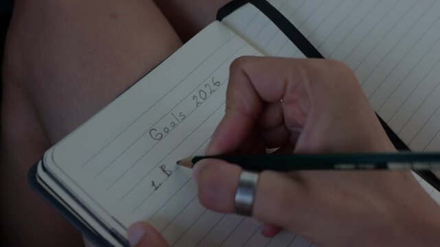 Closeup of hand writing 2026 goals in lined notebook with pencil, creating personal New Year resolution list.