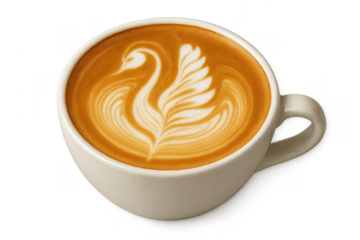 Close-up of a coffee cup with swan latte art and a transparent background.