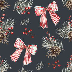 Fototapeta na wymiar Christmas seamless pattern, pine cones, twigs, red berries, striped bows, black background. Vector illustration. Nature design. Season greeting. Winter xmas holidays