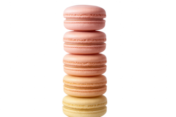 Stacked pink, peach, and yellow macarons on a transparent background.