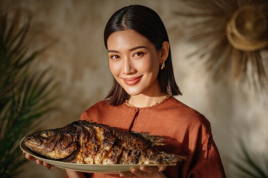 Woman holding Relyenong Bangus, smiling warmly, wearing red dress and gold earrings. Concept of celebration, stuffed milkfish, Filipino festive atmosphere, inviting dish. 