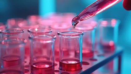 Pipette adds liquid sample into test tube rack. Red fluid drips into glassware vials for scientific research and medical analysis. Closeup view of chemistry experiment and precise lab equipment.