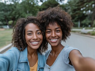 Naklejka premium Two smiling African American women taking a selfie outdoors in a park, showcasing friendship and joy in a vibrant natural setting with greenery and soft sunlight