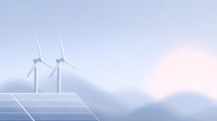 Renewable energy landscape featuring two wind turbines beside solar panels under a soft gradient sky, symbolizing sustainable energy solutions and environmental awareness
