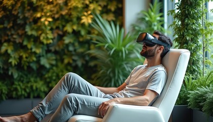 Man relaxes in modern eco clinic with VR headset. Patient virtual reality therapy session for rehab. Person wears goggles in green space. Tech enhances modern healthcare experience in wellness center.