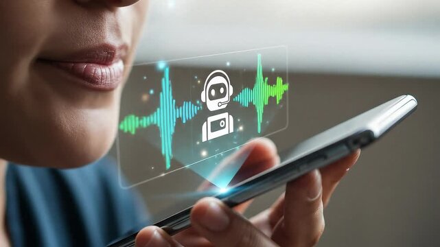 Woman interacting with smartphone voice assistant with AI chatbot interface and sound waves.