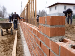 Fototapeta premium Construction workers building brick wall on house foundation