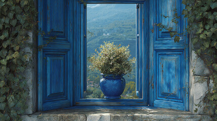 Obraz premium A scenic view through a blue window, with a ceramic vase full of vegetation placed on the window sill. The scene showcases a mountain range in the distance, framed by the window's design and greenery