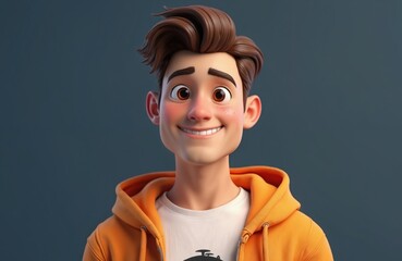 Cartoon character portrait of young man wearing orange hoodie, white t-shirt. Attractive person smiles with cheerful facial expression. Brown hair, big eyes, freckles. Confident animation style model