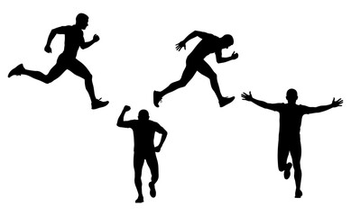 Athlete silhouette icon set showing dynamic poses of running, jumping, and celebrating, black and white illustration