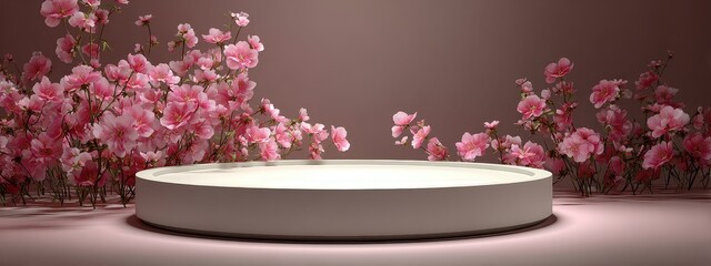 Fototapeta premium flower pink background blossom spring cherry tree nature garden landscape romantic road. tunnel flower pink background floral way path springtime grass arch pathway happy color park table floor podium