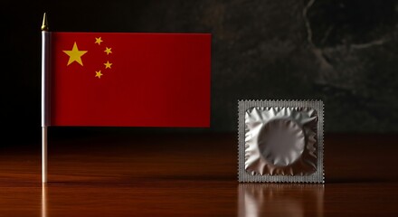 Symbolic representation of Chinese population policy and family planning awareness with a national flag and condom