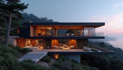 Fototapeta premium Modern multi story home built into hillside overlooking ocean sunset. Sleek architecture with wood and glass exterior details. Luxury estate offers stunning views and tranquil natural surroundings.