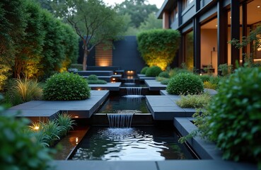 Modern luxury residence garden features cascading water element with multiple falls. Green bushes, trees surround dark pools. Evening lights illuminate contemporary landscape design. Calm atmosphere