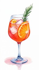 Fototapeta premium spritz cocktail in a wine glass with ice orange slices and rosemary. Hand drawn watercolor illustration of summer refreshing drink. Isolated on white background.