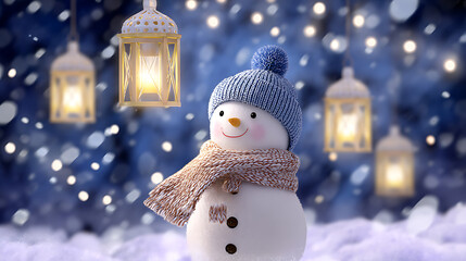 Cheerful snowman in a blue hat and scarf stands in snowy landscape with glowing lanterns and falling snow at night. Magical winter holiday atmosphere.