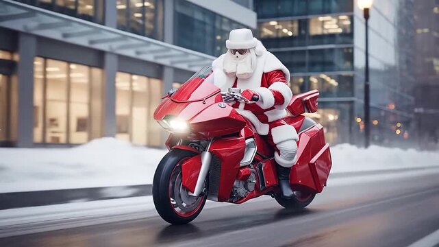 Santa Claus driving futuristic sports bike. Concept of Christmas of future. Generative AI