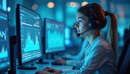 Young woman in headset at work. She sits in office near computer screens. Business person is busy working on software. Modern office and data visualization concept.