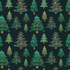 Festive Holidays Seamless Pattern with Christmas Green Trees. Winter pine trees with baubles and decorations pattern for fabrics, wrapping paper, gifts, cards.