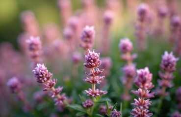 Obraz premium Macro view of blooming thymus vulgaris plants. Small pinkish purple flowers on green stems in a garden bed. Soft focus background and foreground add depth.