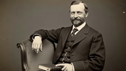 Victorian gentleman in thoughtful reflection examines a book on a sofa. capturing moments of introspection and contemplation in timeless elegance.