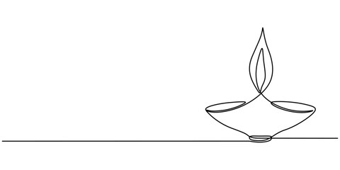 Continuous line drawing illustration of Diwali candles, for religious concept 1. Oil lamp, candle burning flame black contour line simple minimalist vector. Editable outline