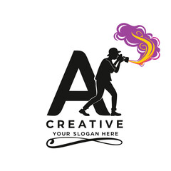Silhouette of a photographer capturing colorful abstract art and the letter a. Vector